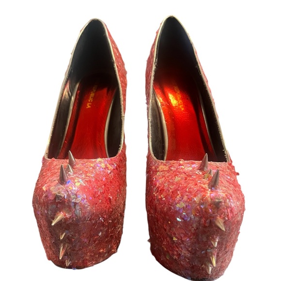 Pink Spiked Confetti Wedged Heels - Picture 4 of 11